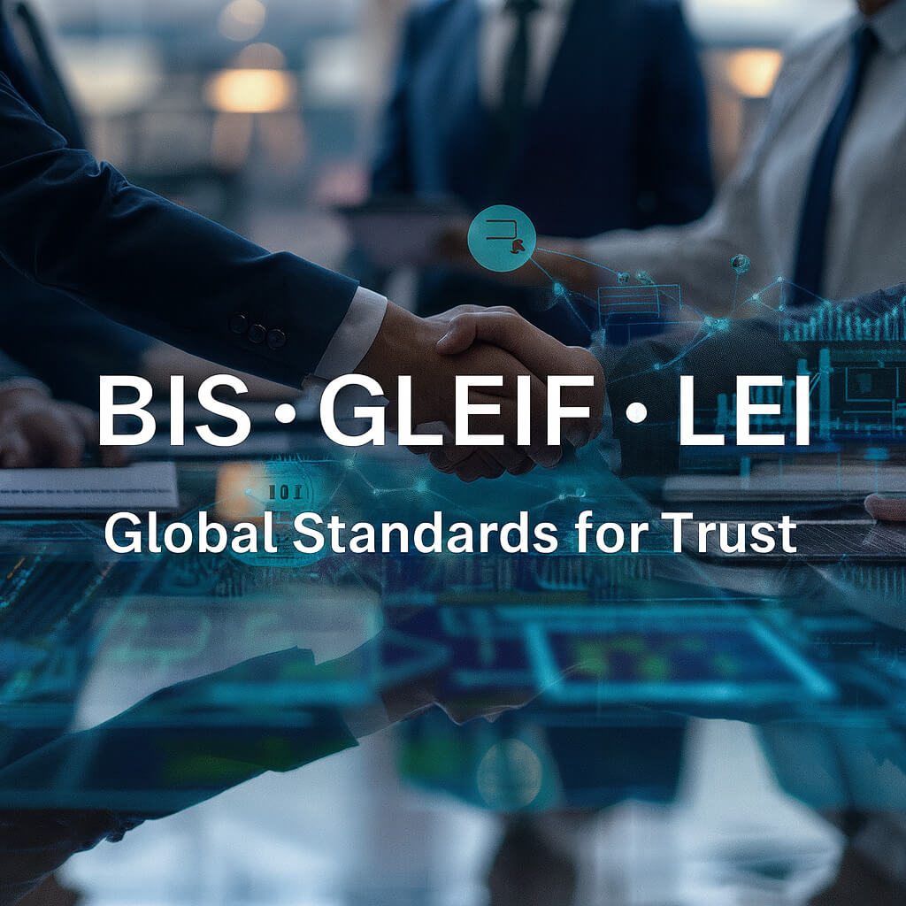 Uścisk dłoni z cyfrową siecią i tekstem BIS • GLEIF • LEI – Globalne Standardy Zaufania