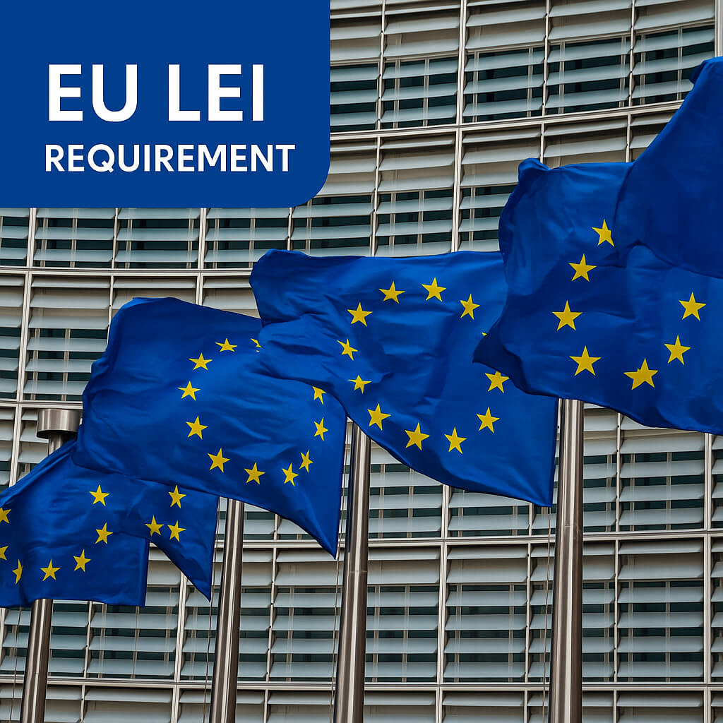 Wymóg LEI w UE – flagi Unii Europejskiej przed budynkiem Komisji, symbolizujące obowiązki związane z Identyfikatorem Podmiotu Prawnego w UE