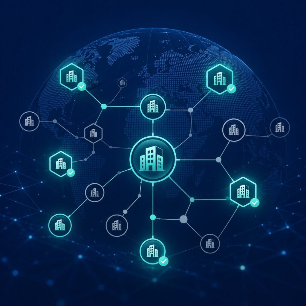 Globalna sieć zweryfikowanych i niezweryfikowanych podmiotów prawnych ilustrująca proces KYB z wykorzystaniem kodów LEI